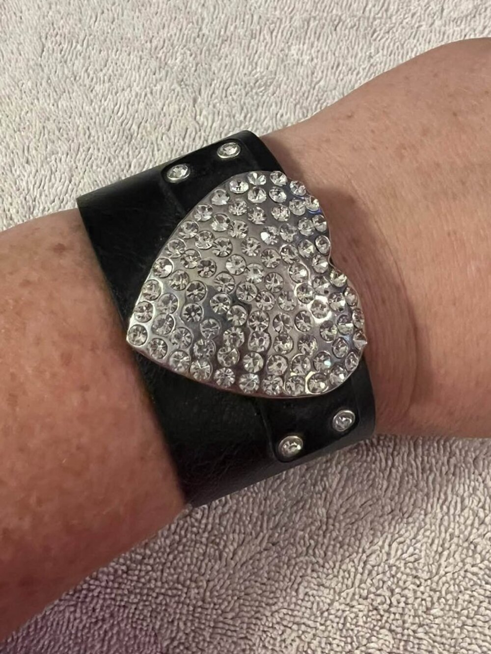 Black and Rhinestone Heart Leather Cuff